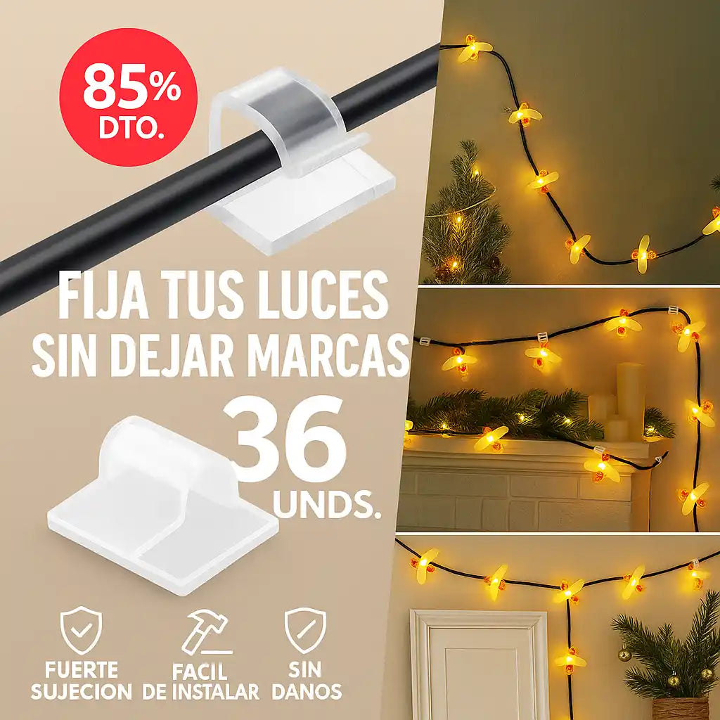 Clips Adhesivos OrganizaCables™ – Ordena y fija tus luces fácilmente X 36 UNIDES